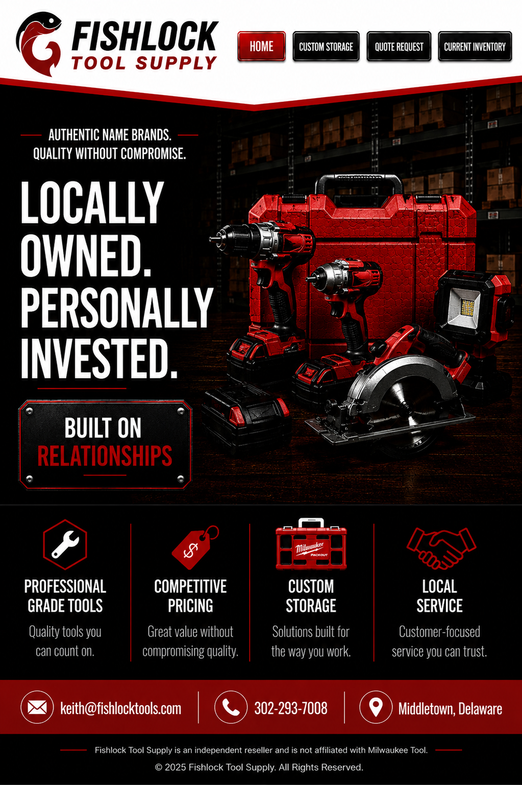 Fishlock Tool Supply homepage with functional navigation, professional tools, service highlights, and contact information.